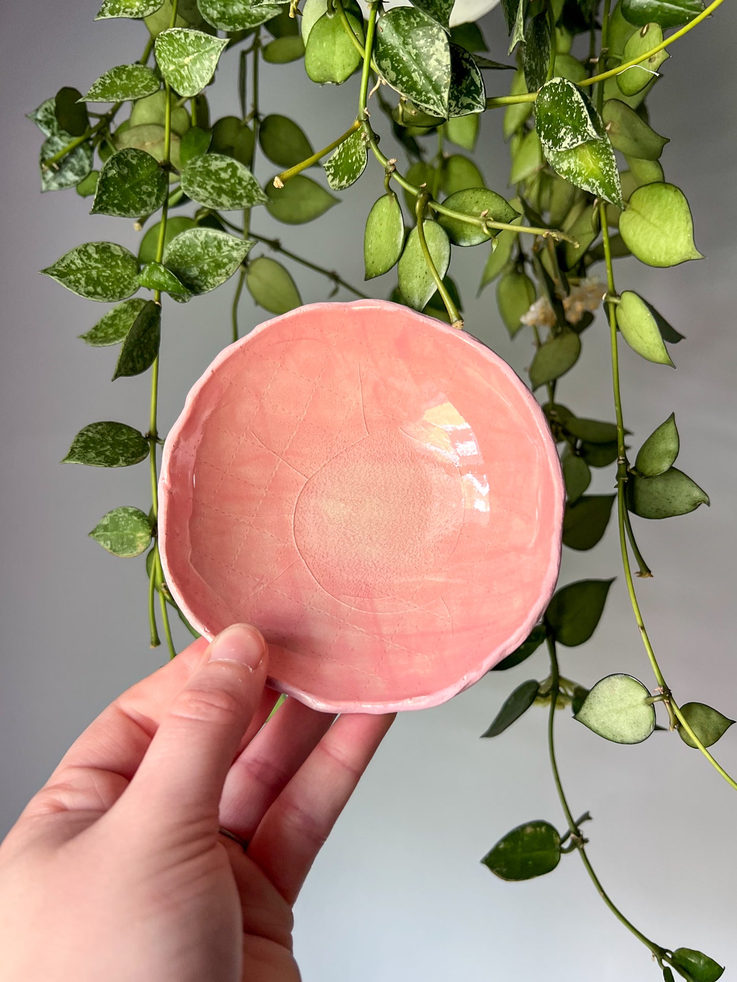 pink stitched grid trinket dish