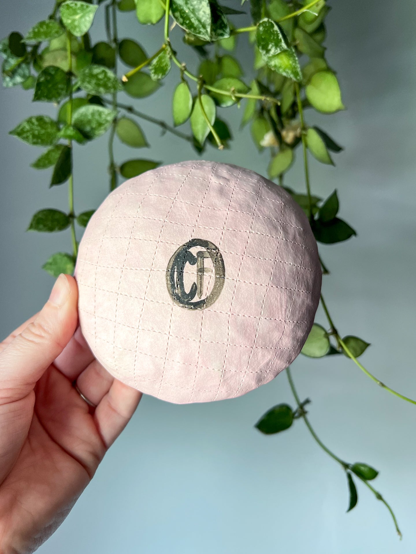 pink stitched grid trinket dish