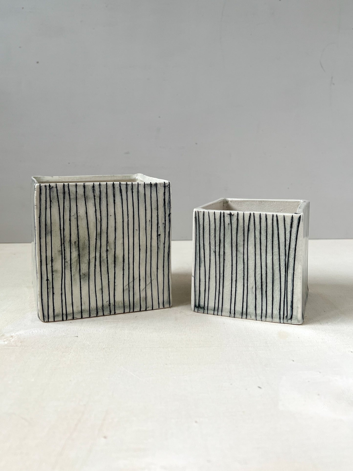 black + white pinstripes smaller cube planter