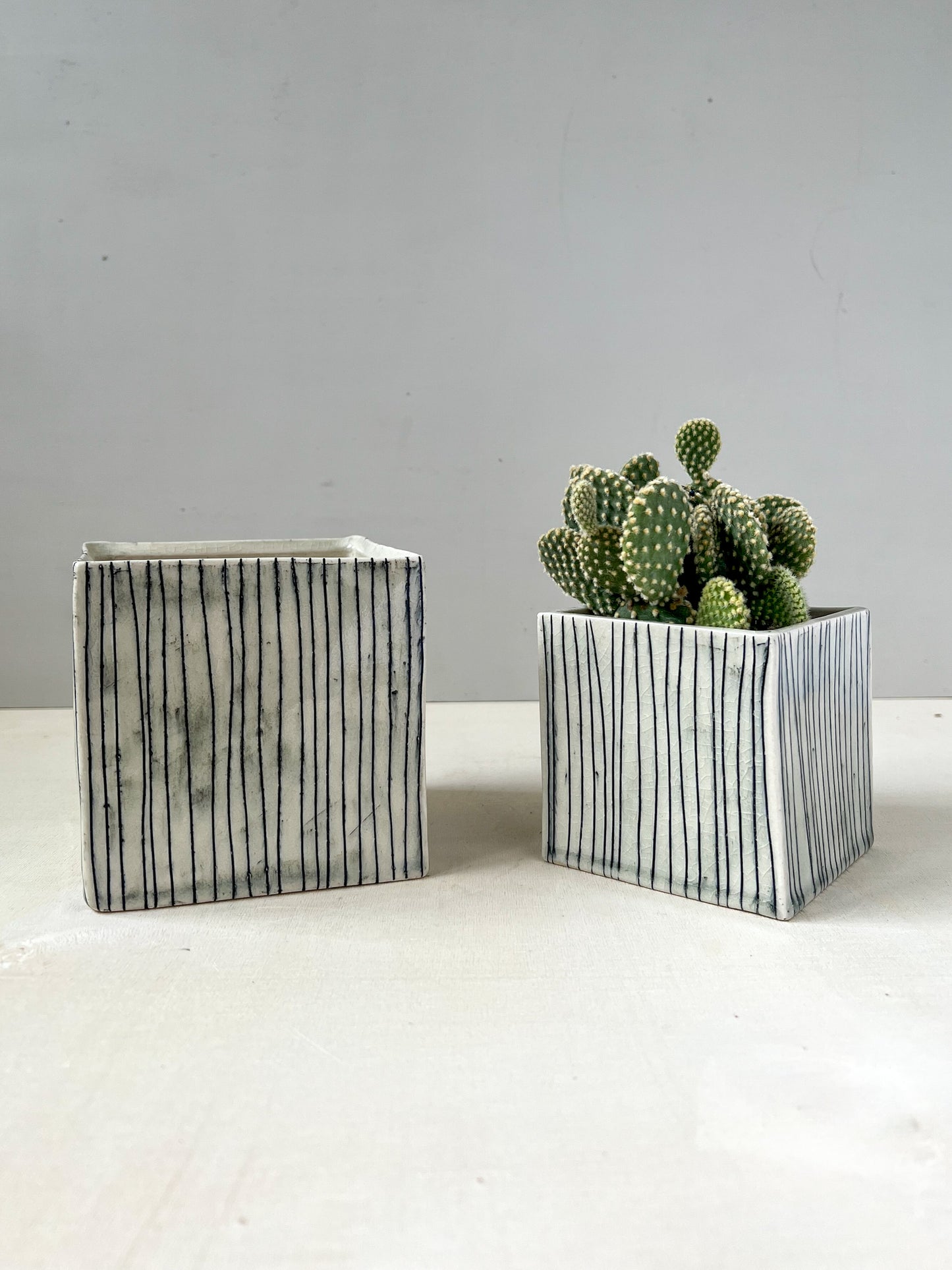 black + white pinstripes smaller cube planter