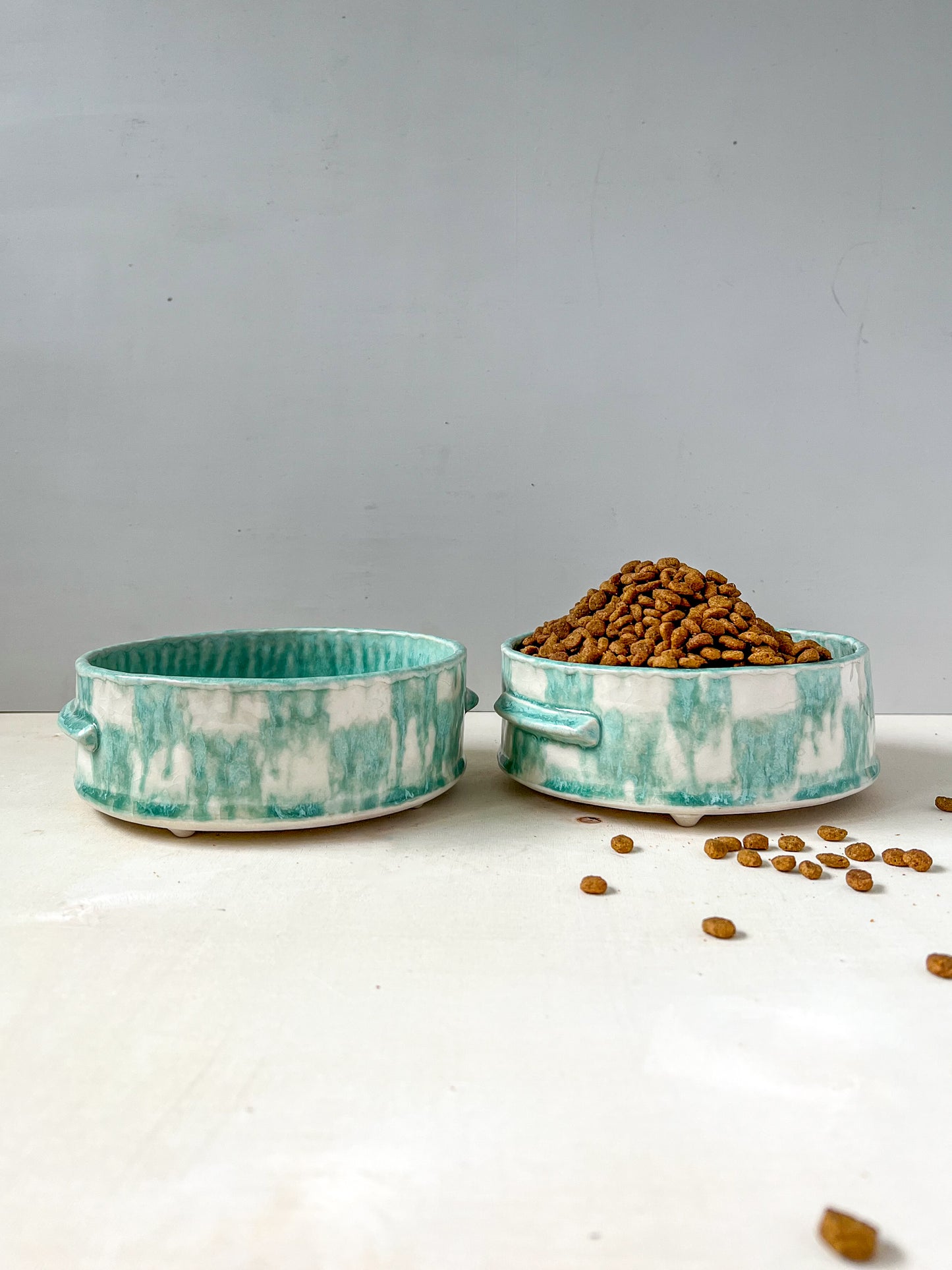 minty blue checkered pet bowl set - large